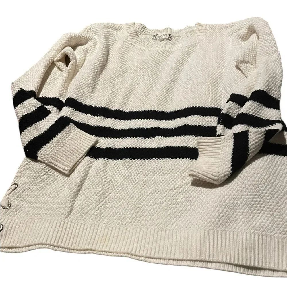Pink Rose Cream and Black Striped Crewneck Sweater